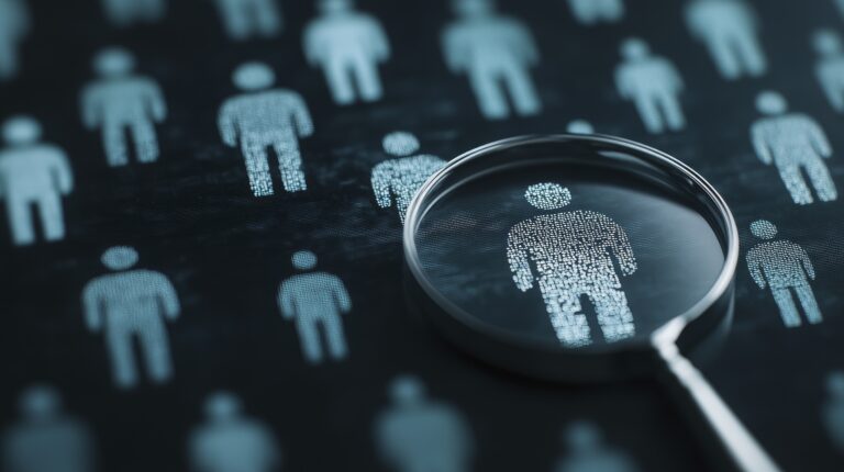 Magnifying glass over digital human icon symbolizing employee background checks and hiring risk management in compliance with employment laws.